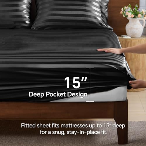 BEDELITE Satin Sheets King Size, Luxury Jacquard Striped Black Bedsheets Set with Elastic Corner Straps, Similar to Silk Sheets Set 4 PC with 1 Deep Pocket Fitted Sheet, 1 Flat Sheet, & 2 Pillowcases BEDELITE