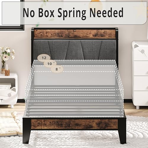 LIKIMIO Twin Bed Frames, Storage Headboard with Charging Station, Solid and Stable, Noise Free, No Box Spring Needed, Easy Assembly LIKIMIO