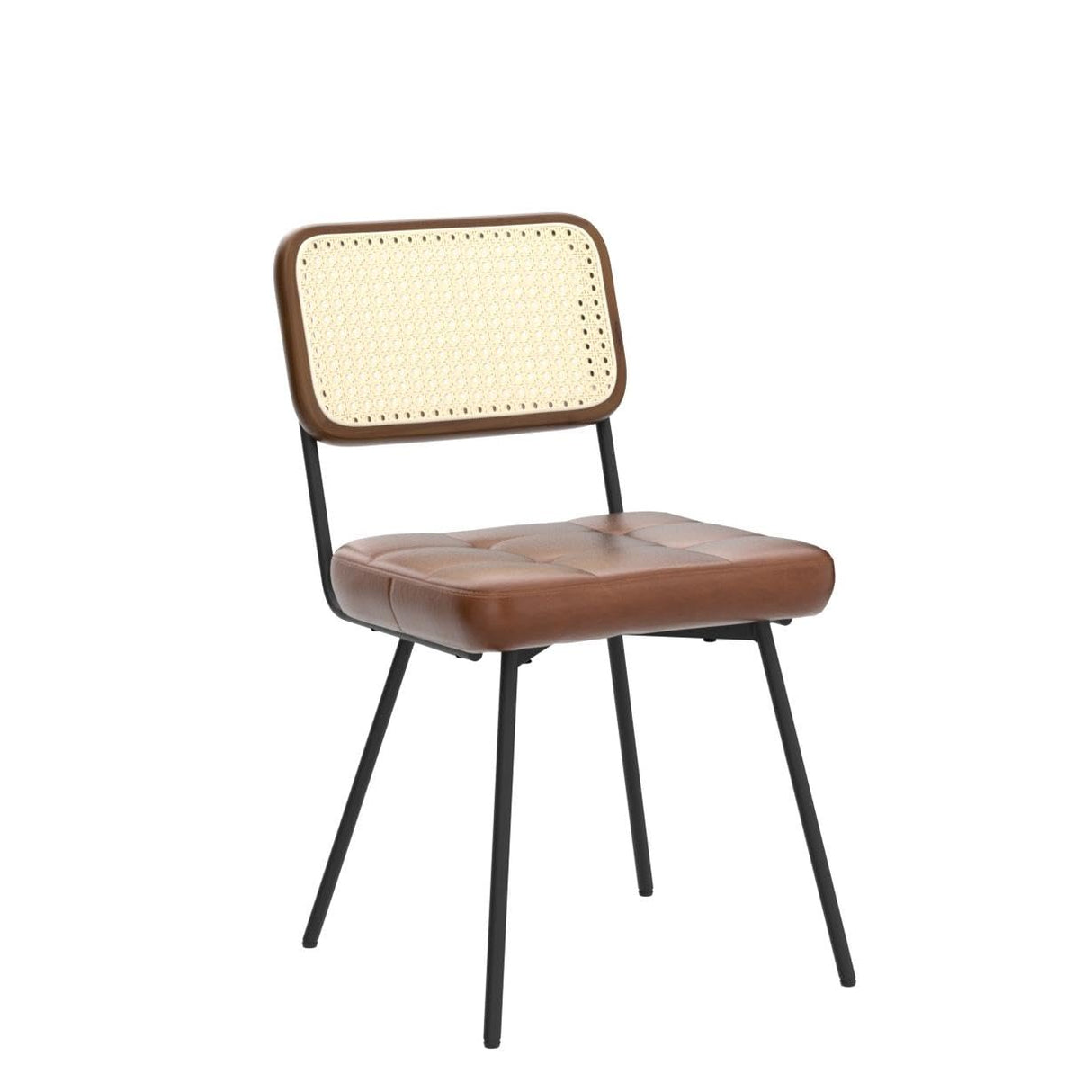 Art Leon Rattan Dining Chairs, Set of 2, Rubber Wood Frame, Mid Century Modern Dining Room Chairs with Rattan Woven Back, Faux Leather Upholstered Kitchen Chairs with Black Metal Legs, Yellow Brown Art Leon