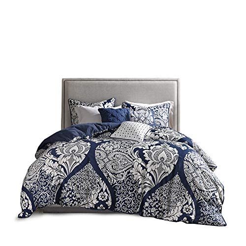 Madison Park Vienna Sateen Cotton Comforter Set, Breathable, Soft Cover, Trendy, All Season Down Alternative Cozy Bedding with Matching Shams, King, Indigo 7 Piece Madison Park