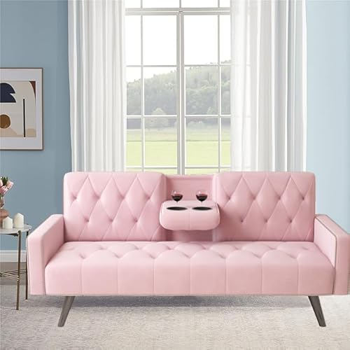 72" Pink Velvet Futon Couch Living Room Couch Bed Convertible Sleeper Sofa Bed with Cup Holder for Bedroom Guest Bed 2 Seater Reclining Sofas Couches with Nailhead Trim for Small Space (Pink) anwickjeff