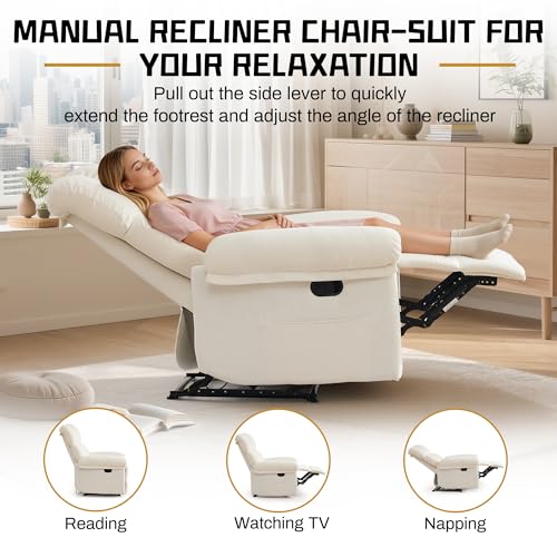 Korser Recliner Chair, Living Room Chairs for Adults, Thick Upholstered Manual Recliner with Side Pockets, Small Recliner for Small Spaces, Lounge Chair for Nursery Bedroom Apartment RV, Chenille