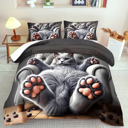 llyxsesty Cute Cat Comforter Set King,Grey Kawaii Cat Bedding Set Adult,Cute Animal Comforter for Boy,American Shorthair Bedding Grey,Kawaii Animal Print Quilt Bedroom Decor Kids llyxsesty