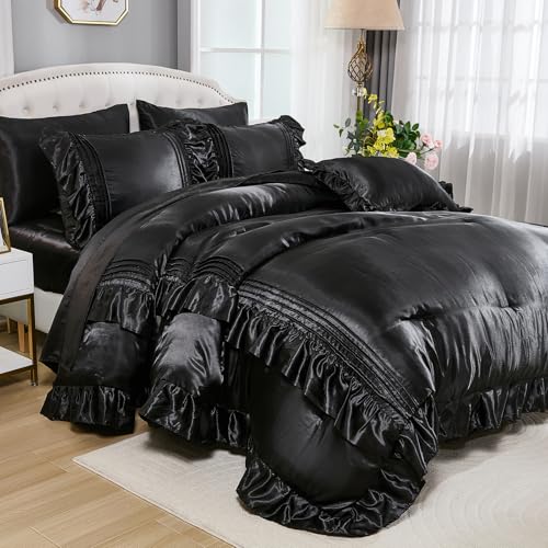 Black Satin Comforter Set 8 Pieces King Size Comforter with Sheets Silk Like Satin Bed Set Luxury Bedding Bed in a Bag 1 Comforter 4 Pillowcasas 1 Flat Sheet 1 Fitted Sheet 1 Cushion Cover Bedbay