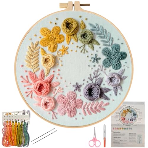 Herdiese Embroidery Kit for Beginners with Floral Garden Pattern – Easy Embroidery Kit Includes Stamped Fabric, 22 Stitches Guide, Cotton Thread, Hoop, Needles & Scissors – Craft Set