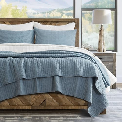 EVERGRACE x Kinsey Walsh Cross Stitch Pre-Washed Cotton Quilt Bedding Set Queen Size, Oversized 3 Pieces Lightweight Bedspread Coverlet for All Season, with 2 Matching Shams, Dusty Blue, 92"x96"