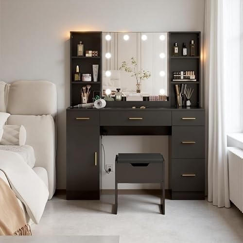 HobbyField 56’’ Makeup Vanity Desk with Mirror and LED Lights,Modern Dressing Table with Drawers & Adjustable Shelves, Makeup Table Set with Power Outlet,Cushioned Stool for Bedroom(Black) HobbyField