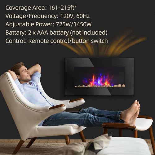 HOMCOM 29" Electric Fireplace, Wall Mounted Fireplace with 7 Adjustable LED Flame Colors, Remote Control, Fireplace Heater for Living Room, 1450W, Black HOMCOM
