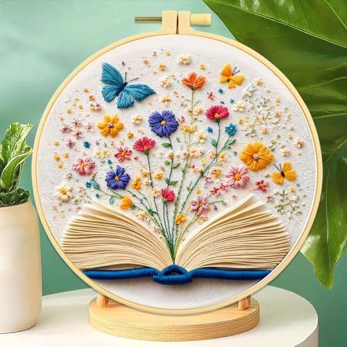Zhenqing Open Book Garden Embroidery Kit, Fantasy Floral Craft Set with 20cm Hoop, Printed Design on 29x29cm Cotton Fabric, DIY Butterfly Wall Art (JC0023)
