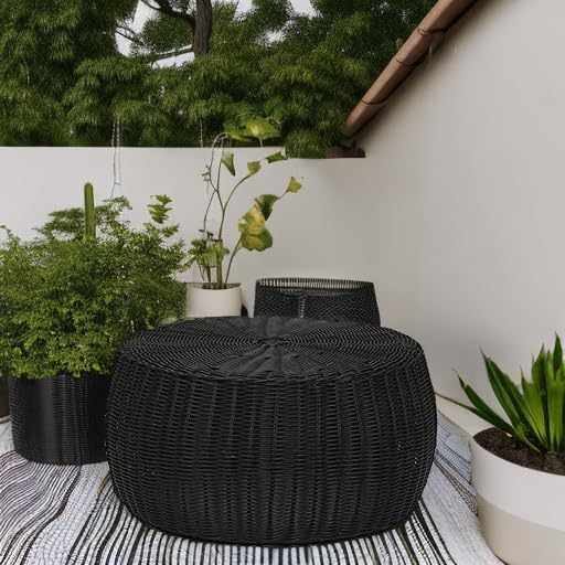 Household Essentials Handwoven Resin Storage Stool Ottoman, Black Household Essentials