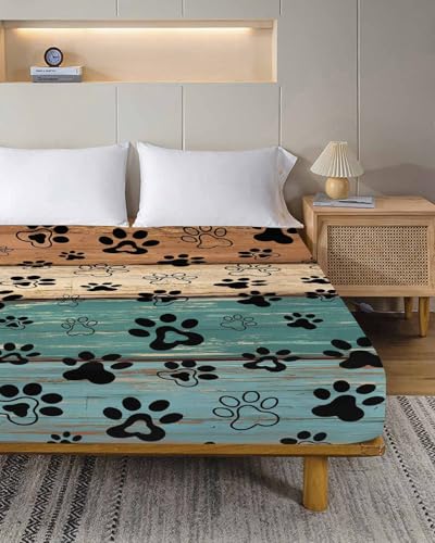 Top Sheet King Bedding Flat Sheet Only, Animal Dog Paw Print Farm Teal Wood Board Microfiber Bed Sheets Soft Breathable Bedding Flat Sheets, Country Wooden Grain Hotel Luxury Top Sheets Chees D Zone