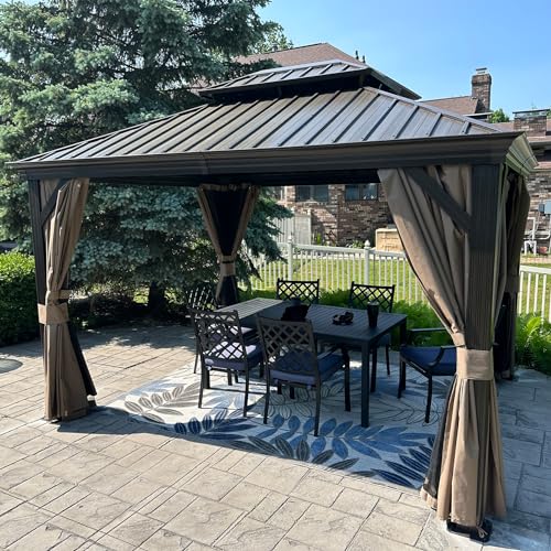 Domi Hardtop Gazebo 10x12FT, Outdoor Gazebo with Galvanized Steel Double Roof, Aluminum Frame, Built-in Gutter System, Curtain and Netting, Metal Gazebo Pavilion for Patio Deck Garden, Brown domi outdoor living