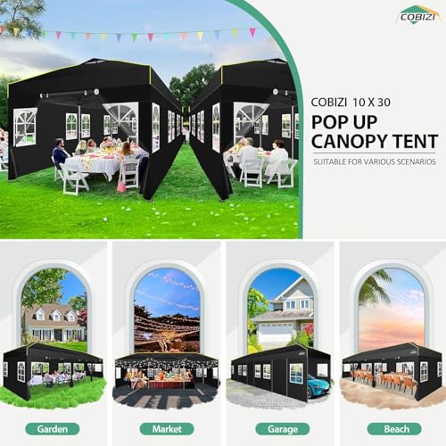 COBIZI 10x30 Pop Up Canopy Tent with Sidewalls - Party Outdoor Wedding Event for Parties - UPF 50+ Windproof Waterproof Gazebo with Air Vent, Wheeled Bag, Sandbag, Stake, Rope (Black) COBIZI