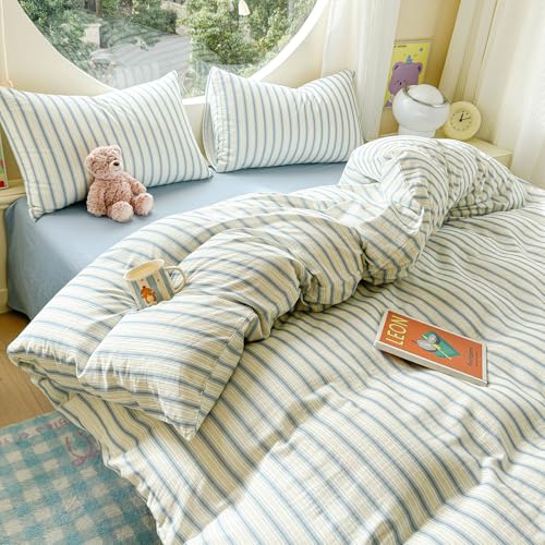 HighBuy Chic Blue Stripe Duvet Cover Set Twin XL,Kids Boys Muslin Cotton Breathable Striped Comforter Cover with 2 Pillowcases,Minimalist Stripes Textured Gauze Bedding Duvet Cover Set HighBuy
