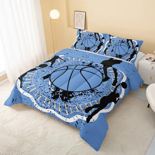 QOOMO Basketball Comforter Set for Kids Teens Boys,Blue Ball Kids Comforter,1 Comforter with 2 Pillowcase, Microfiber 3 Piece Bedding Set,Soft and Lightweight(Blue,Full Size) QOOMO