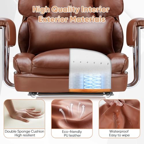 Sweetcrispy Executive Home Office Desk Chair - Ergonomic Big Tall High Back with Footrest & Lumbar Support, Reclining Height Adjustable, Comfy PU Leather Computer Gaming with Swivel Wheels, Brown Sweetcrispy