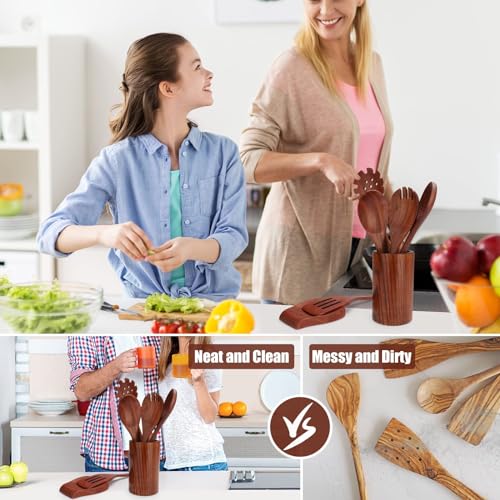 Kitchen Utensils Set,16 Pcs,Wooden Spoons for Cooking, Natural Teak Nonstick Spatula with Spoon Rest, Comfort Grip,Premium Quality House Warm Sweet Gifts RHINHOB