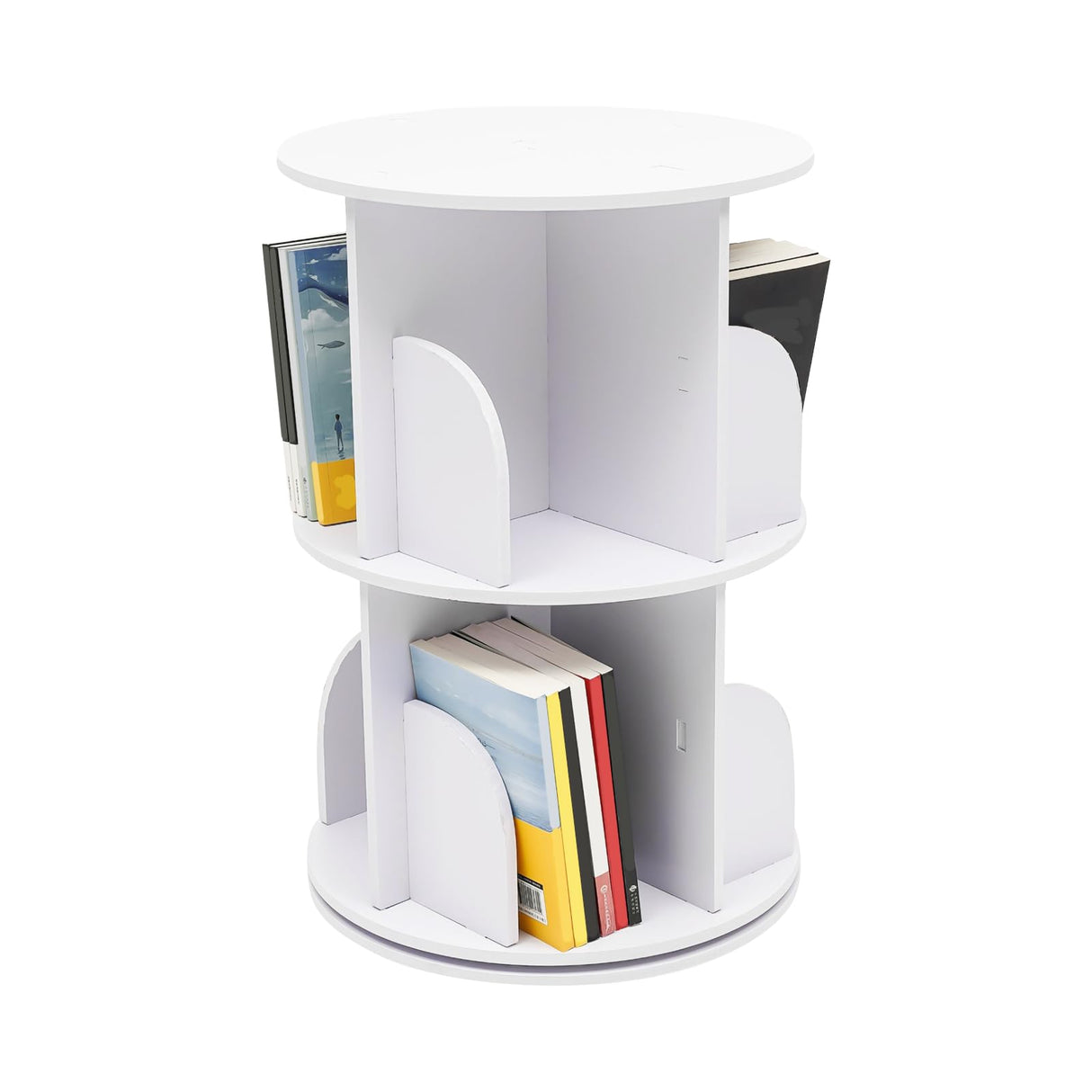 KONGKUNI 2-Tier Rotating Bookshelf Tower - Modern White 360-Degree Spinning Bookcase for Small Spaces KONGKUNI