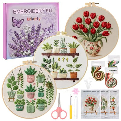 3 Pack Embroidery Kit for Adult Beginners, Needlepoint Cross Stitch Kits with Flower and Green Plant Stamped Patterns, Embroidery Hoop, Tools,Colorful Threads,Step by Step Instructions,DIY Starter Kit