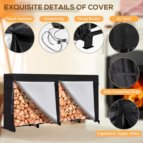 LOENIY 8ft Firewood Rack Outdoor with Waterproof Widened Cover, Heavy Duty Firewood Holder includes 2 Lateral Rods, Powder-coated Wood Rack with LOENIY