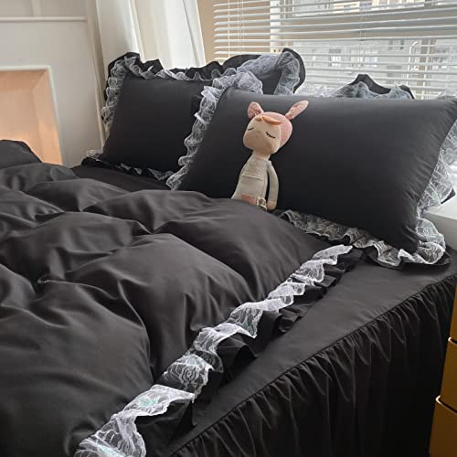 MOOWOO Chic Ruffle Lace Polyester Duvet Cover Set - Luxury Premium Black Bedding-2 Piece Twin Duvet Cover with Zipper Closure -Ultra Soft and Light Weight(Black, Twin) MOOWOO