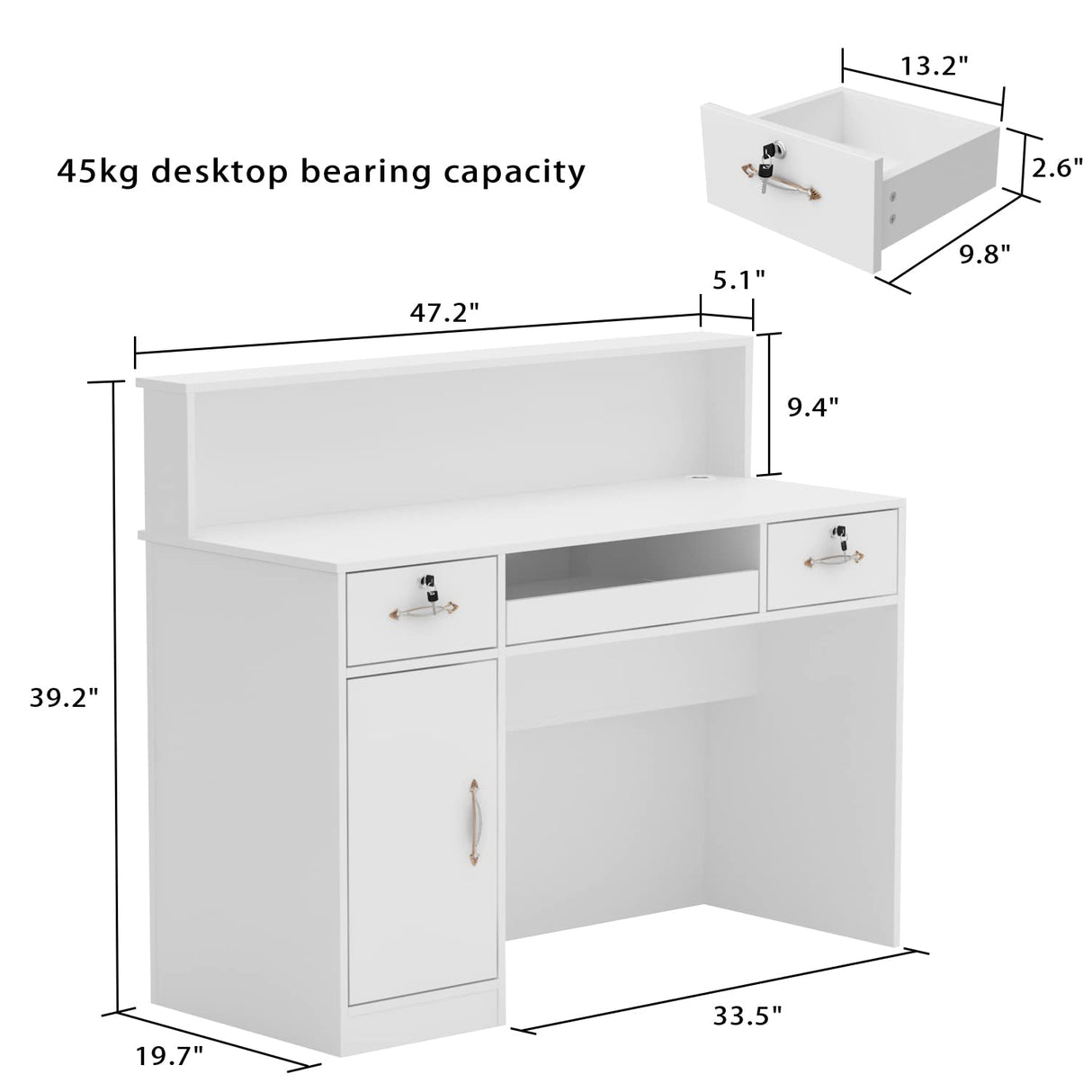 AGOTENI 47.2" W Reception Desk Front Desk with Counter, Light & Lockable Drawers, Modern Retail Checkout Counter with Keyboard Tray & Side Cabinet for Lobby Store Salon, White AGOTENI