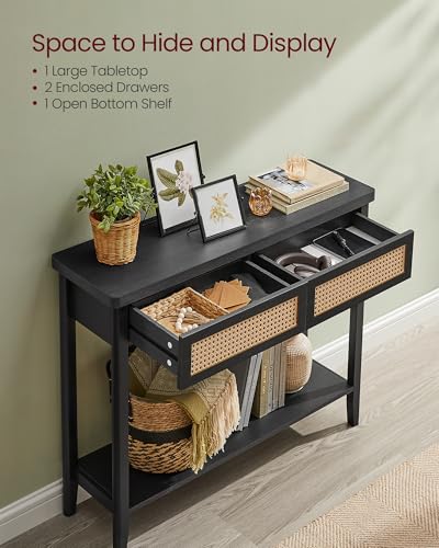 VASAGLE Console Sofa Table, Narrow Entryway Table, 2 Drawers, Open Storage Shelf, Rounded Corners, for Living Room, Boho Style, Ash Black ULNT016BF01S VASAGLE