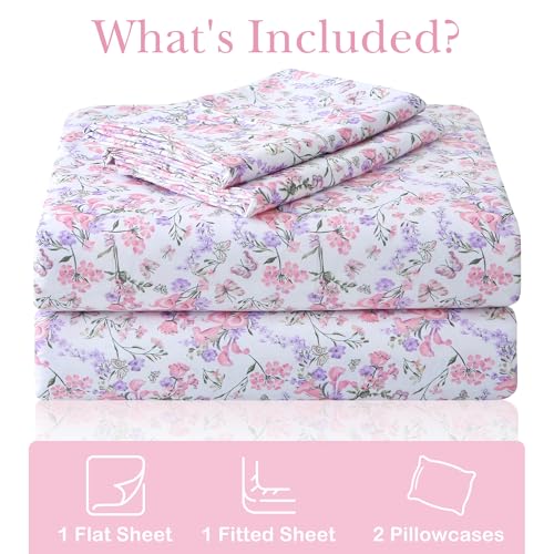 Mooreeke Cozy Vintage Microfiber Printed Queen Sheet Set - Soft Breathable Percale Cotton Floral Bed Sheets with Deep Pocket - Non-Slip Fitted Design - Pink Purple Flowers Pattern Mooreeke