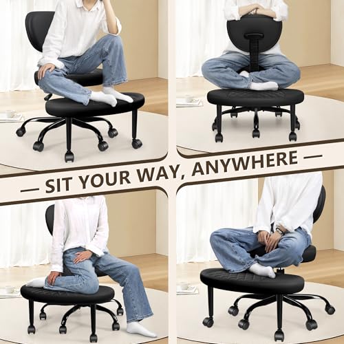 AtHope Ergonomic Cross Legged Office Chair with Wheels - Adjustable Height for Meditation, ADHD Desk & Yoga - Wide Criss Cross Design with Lumbar Support, Kneeling Chair - Black AtHope