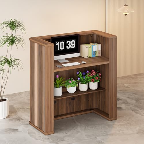 42.1 Inches Reception Desk,Fluted Round Corner Modern Reception Table,Front Counter Table,for Salons, Offices Lobbies Retail Stores and Home Offices (Walnut)