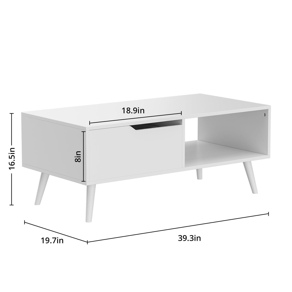 DIYART White Coffee Table, Mid Century Modern Coffee Table with Drawer & Shelf, 39'' Wooden Simple Console Table for Living Room DIYART
