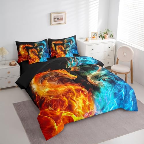 Feelyou Dragon Bedding Set 7 Piece Fire and Ice Dragon Couple King Comforter Set with Sheets for Kids Boys Girls Decor Wild Animal Bed in a Bag Safari Theme Bed Set Feelyou