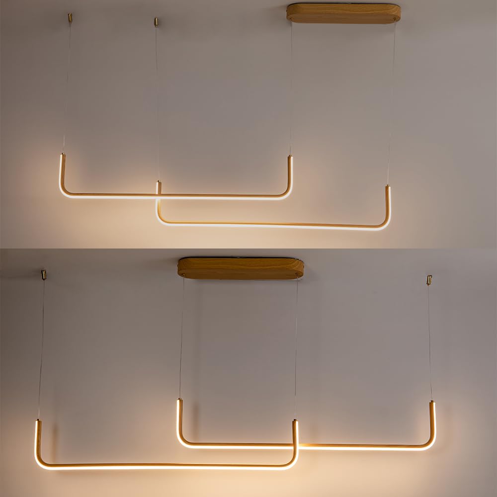 Sedelan LED Linear Wood Chandelier, Modern Pendant Light Fixture, Dimmable Minimal Linear Kitchen Chandeliers for Island Dinning Room Living Room Office Bar, Aluminum Woodgrain Print Sedelan