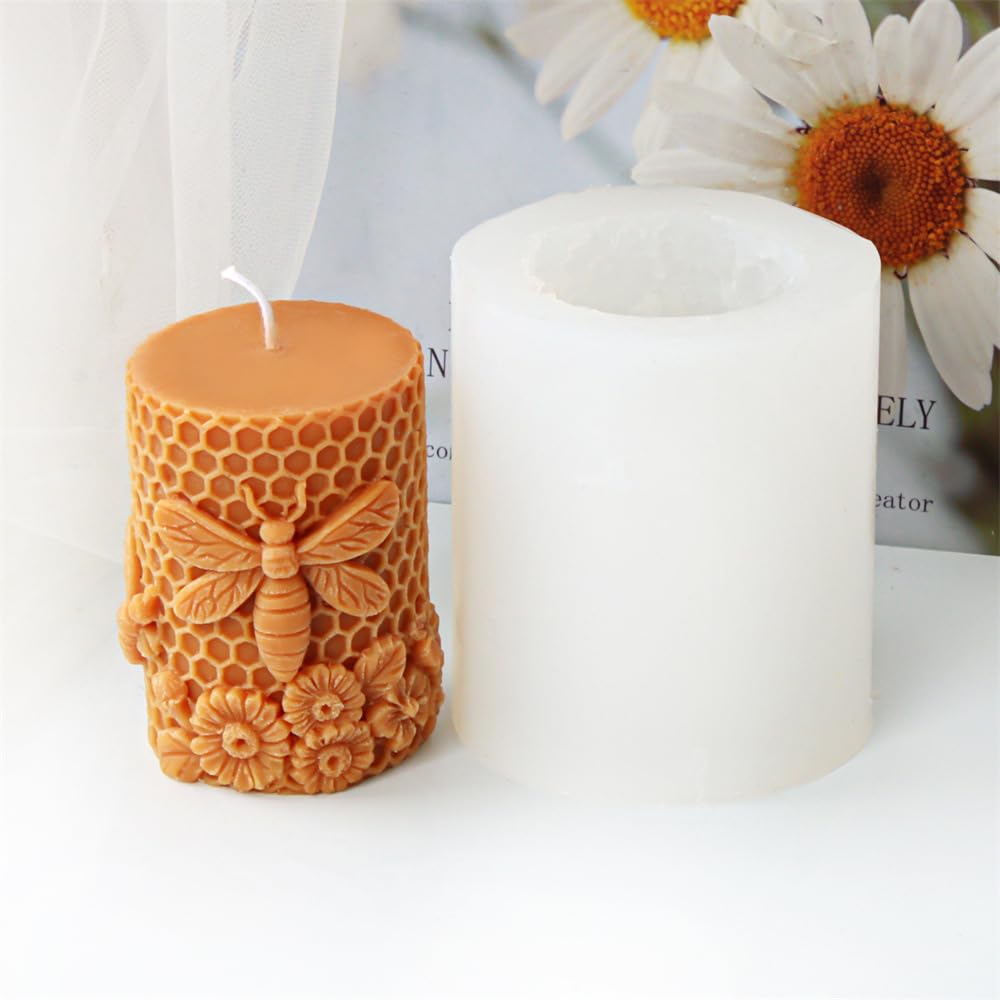 Xidmold Bee Honeycomb Flower Cylinder Candle Mold, Honeybee Beehive Pillar Silicone Mold for Beeswax Candle, Soy Wax Candle, Plaster Ornament, DIY Crafts (B) Xidmold