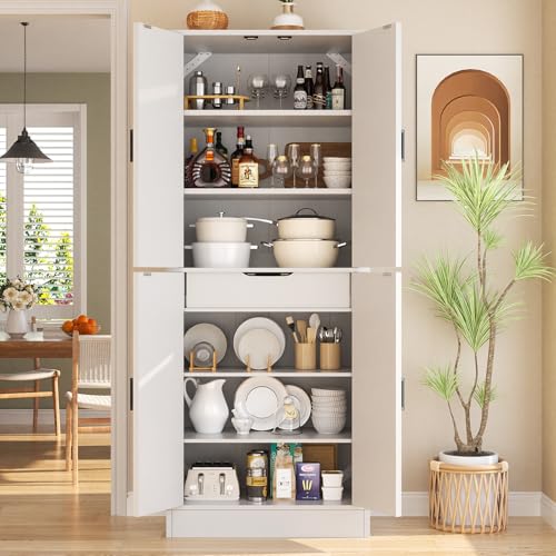 Unikito 71" Tall Kitchen Pantry Storage Cabinet with Farmhouse Barn Doors and Storage Drawer, 4 Adjustable Shelves, Freestanding Cupboard for Dining Room, Living Room, Utility Room, White Unikito