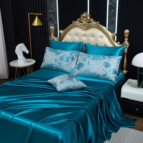 Jacquard Full Comforter Set Peacock Green Sheet Set Satin Bedding Set 8 Pcs Embroidery Neoclassical Floral Bed Home Decor Soft Down Comforter Luxury Hotel Silky Bed in a Bag with 1 Cushion Cover Bedding_Dreamer
