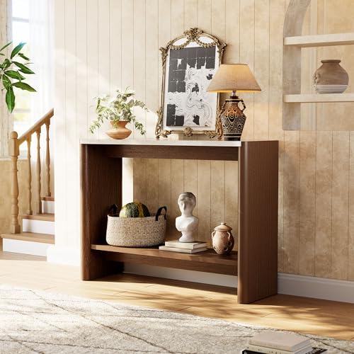 COSIEST 43.3" Farmhouse Console Table for Entryway, 2-Tier Sofa Table with Faux Stone Grain Top, Slim Accent Table for Hallway, Behind Couch, or Living Room, Brown Wood Look COSIEST