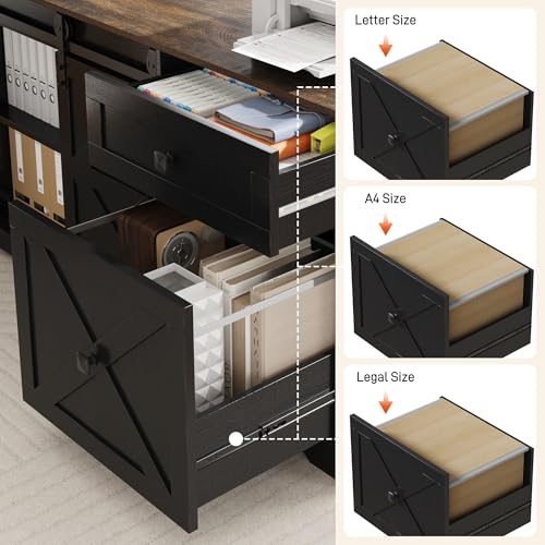 63" Farmhouse Electric Standing Desk Adjustable Height Sit Stand Corner Stand Desks, L Shaped Standing Computer Desk with Power Outlets & Storage Drawers & Sliding Door for Home Office, Black St.Mandyu