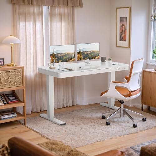 Furmax Electric Standing Desk with Drawer 48 x 24 Inch Adjustable Height Stand up Desk One-piece Board Pre-assembled Home Office Computer Desk with USB Ports, White Furmax