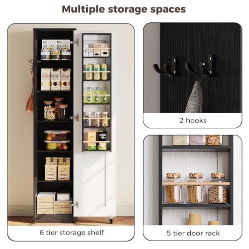 IRONCK Small Kitchen Pantry Cabinet 72" for Narrow Space, with Single Door and Adjustable Shelves, Freestanding Tall Storage Cabinet for Living Room, Bathroom, Black and White IRONCK