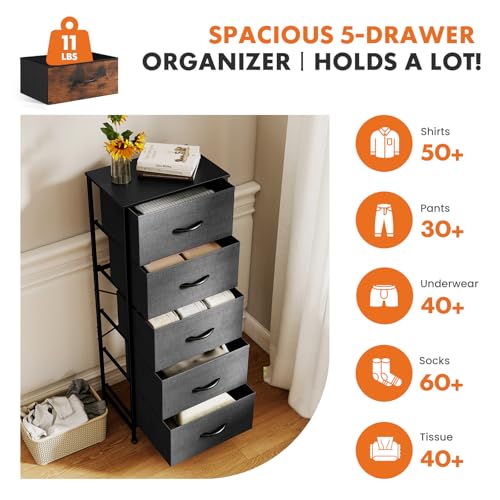 Sweetcrispy 5 Drawer Dresser with Fabric Bins, Sturdy Steel Frame and Wood Top, Storage Organizer Chest for Bedroom, Closet, Hallway, Gray Sweetcrispy