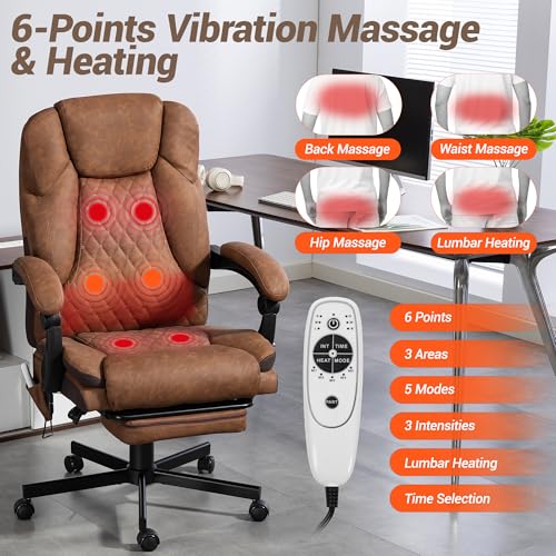 WENTUM Massage Office Chair with Foot Rest, 6 Points Vibration Heating Executive Chairs Ergonomic Home Office Desk Chair with Reclining Backrest, Adjustable Arms and Lumbar Support-Brown WENTUM