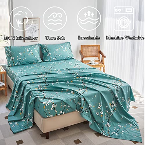 ZRNBAST Teal Sheet Set 4 Pcs Twin Sheet Set Floral Print Flat Sheet Fitted Sheet Farmhouse Style Bedding Sheets Easy Fit Microfiber Sheets-All Seasons (Teal, Twin) ZRNBAST