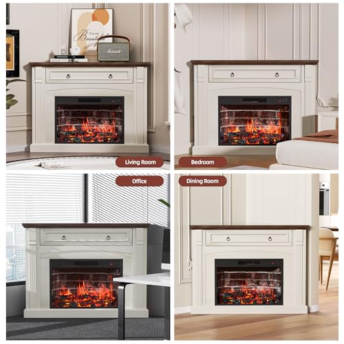 AHB Corner TV Stand with Remote Control, Electric Fireplace with Wooden Mantel, Entertainment Center with Efficient Heating System, Adjustable Brightness Realistic Flame(White) AHB