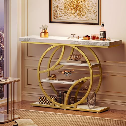 Huuger 47.2 Inch Entryway Table with Marble Top, Modern Console Sofa Table, Accent Table with Shelves, for Entry, Hallway, Entrance, Foyer, O-Shaped Metal Frame, White Marble & Gold Huuger