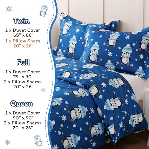 JSD Blue Penguin Snowflakes Kids Duvet Cover Set Twin Size, 2 Piece Printed Comforter Cover with Pillow Sham Zipper Closure, Comforter Not Included JSD