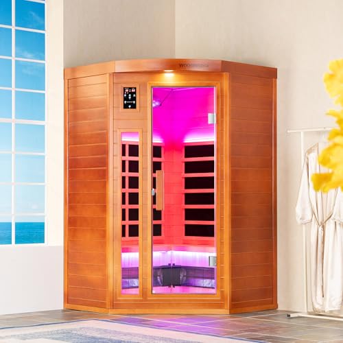 WOODBRIDGE Infrared Sauna Room 2 Person Japanese Cedar Indoor Corner Sauna with 7 Carbon Heaters, Red Light Therapy,Bluetooth Speaker,Intelligent Dual Control System,Tempered Glass,Exterior Brim Light WOODBRIDGE