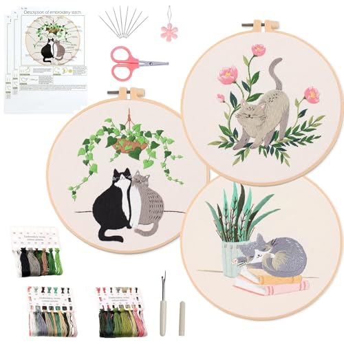 Ohcol 3 Sets Cat Embroidery Kit,Needlepoint Kits for Adults Beginner,Needle Point Sets with Washable Pre-Printed Pattern,1 Hoop,Women Hand Crafts