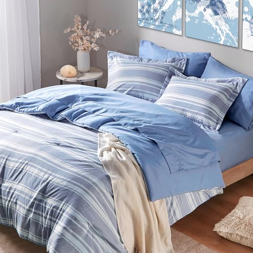 Codi Queen Size Comforter Sets with Sheets, Modern Blue and White Striped Bed in a Bag, 7-Piece Complete Bedding Set Including Reversible Comforter, 2 Sheets, Pillowcases & Shams Codi