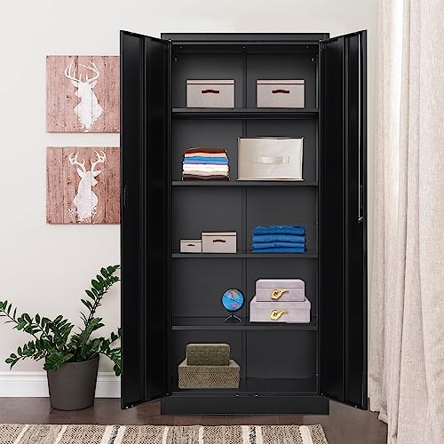 YEEZER Metal Storage Cabinet 71” with 2 Doors and 4 Adjustable Shelves, Garage Steel Locking Cabinet, Tall Cabinets Lockable File Cabinet for Home, Office, Garage, Gym, School. (Black) YEEZER